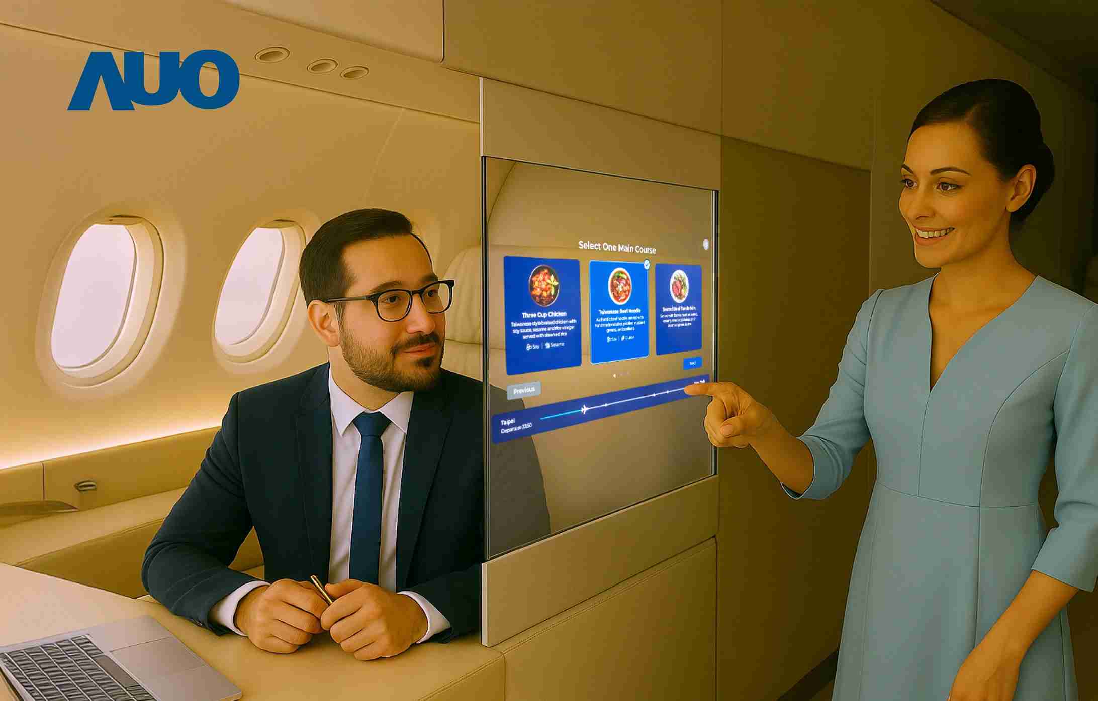 人生就是博研发全球最薄17.3 吋双面透明 Micro LED 显示器，，可在同一屏幕之双边投射不同信息，，创造独特的”透明化”互动；图为实时翻译交流应用情境